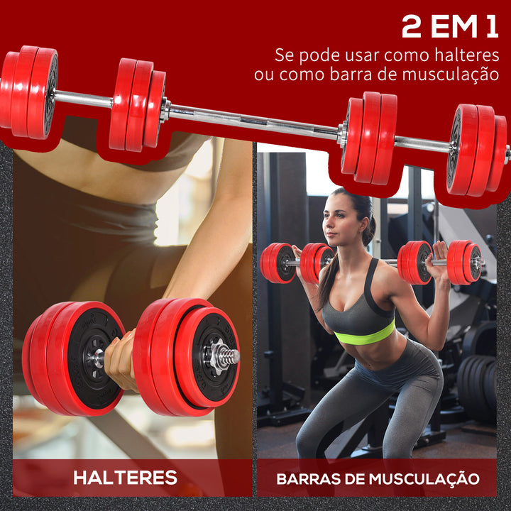 Conjunto de Halteres 30kg Ajustáveis 2 em 1 com Barras e Extensor para Treinamento de Força Levantamento de Pesos para Casa Academia Preto e Vermelho