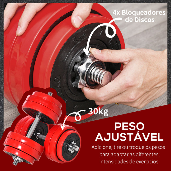 Conjunto de Halteres 30kg Ajustáveis 2 em 1 com Barras e Extensor para Treinamento de Força Levantamento de Pesos para Casa Academia Preto e Vermelho