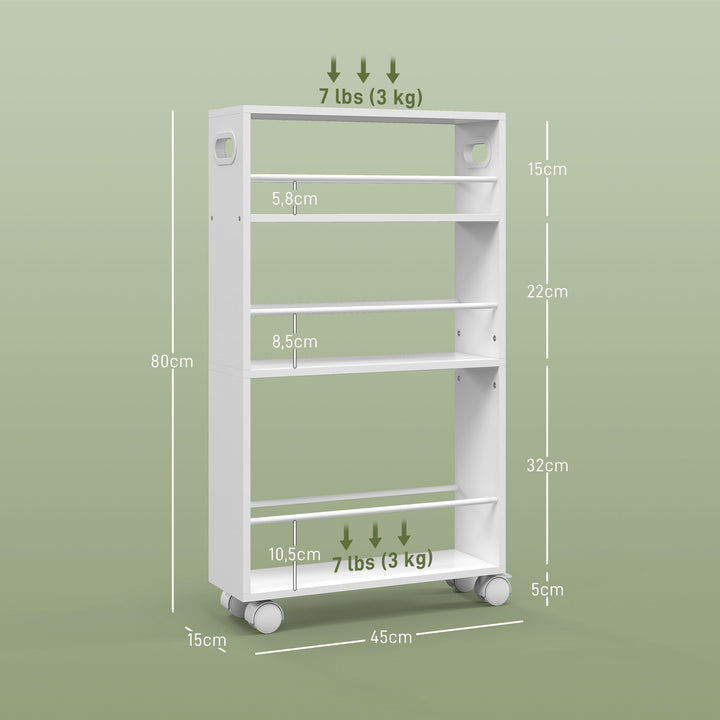Carrinho de Cozinha com Rodas Carrinho Auxiliar de 3 Níveis com Barras Laterais e Alças para Cozinha Sala de Jantar Banheiro 45x15x80 cm Branco