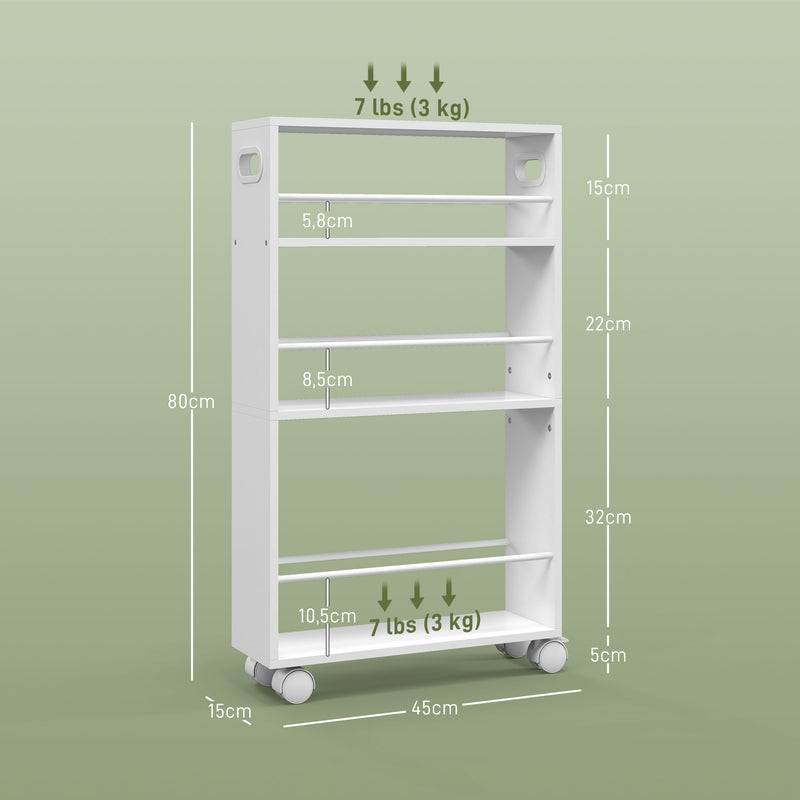 Carrinho de Cozinha com Rodas Carrinho Auxiliar de 3 Níveis com Barras Laterais e Alças para Cozinha Sala de Jantar Banheiro 45x15x80 cm Branco