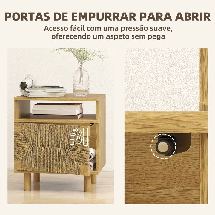 Mesa de Cabeceira Estilo Boémio com Porta de Corda de Papel Prateleira Aberta Pés de Madeira e Abertura por Pressão Mesa Auxiliar para Quarto Sala 45x39x50 cm Carvalho