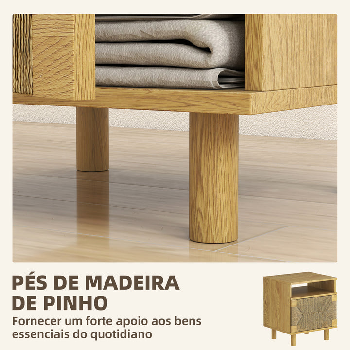 Mesa de Cabeceira Estilo Boémio com Porta de Corda de Papel Prateleira Aberta Pés de Madeira e Abertura por Pressão Mesa Auxiliar para Quarto Sala 45x39x50 cm Carvalho