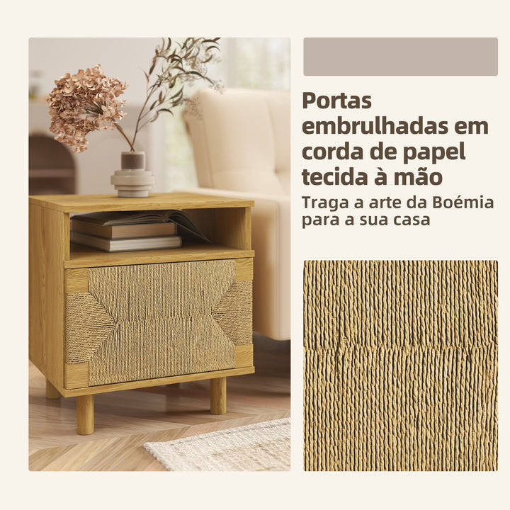 Mesa de Cabeceira Estilo Boémio com Porta de Corda de Papel Prateleira Aberta Pés de Madeira e Abertura por Pressão Mesa Auxiliar para Quarto Sala 45x39x50 cm Carvalho