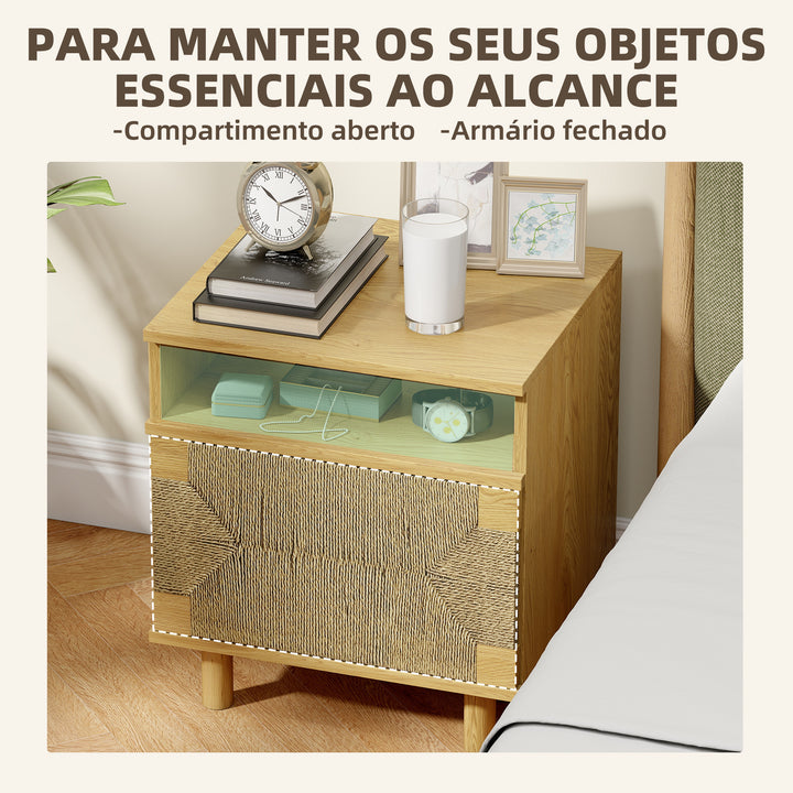 Mesa de Cabeceira Estilo Boémio com Porta de Corda de Papel Prateleira Aberta Pés de Madeira e Abertura por Pressão Mesa Auxiliar para Quarto Sala 45x39x50 cm Carvalho