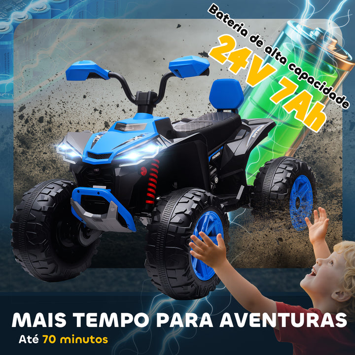 Quadricilo Elétrico para Crianças 24V para 3-8 Anos com 2 Lugares 2 Motores Velocidade até 6,5 km/h Rodas com Suspensão Faróis Buzina Música e USB 109x68,5x76 cm Azul