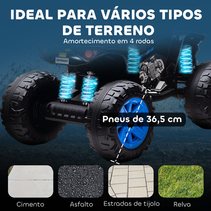 Quadricilo Elétrico para Crianças 24V para 3-8 Anos com 2 Lugares 2 Motores Velocidade até 6,5 km/h Rodas com Suspensão Faróis Buzina Música e USB 109x68,5x76 cm Azul