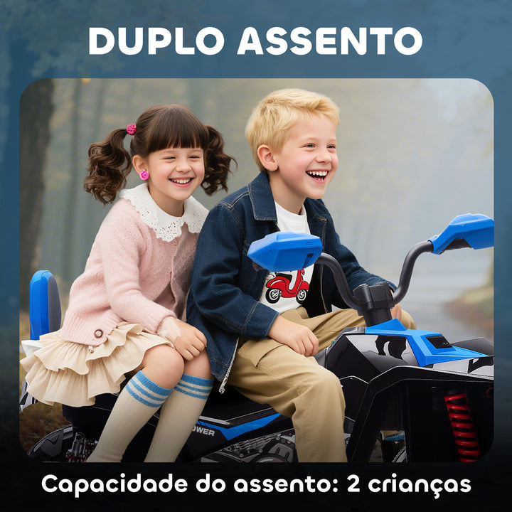 Quadricilo Elétrico para Crianças 24V para 3-8 Anos com 2 Lugares 2 Motores Velocidade até 6,5 km/h Rodas com Suspensão Faróis Buzina Música e USB 109x68,5x76 cm Azul