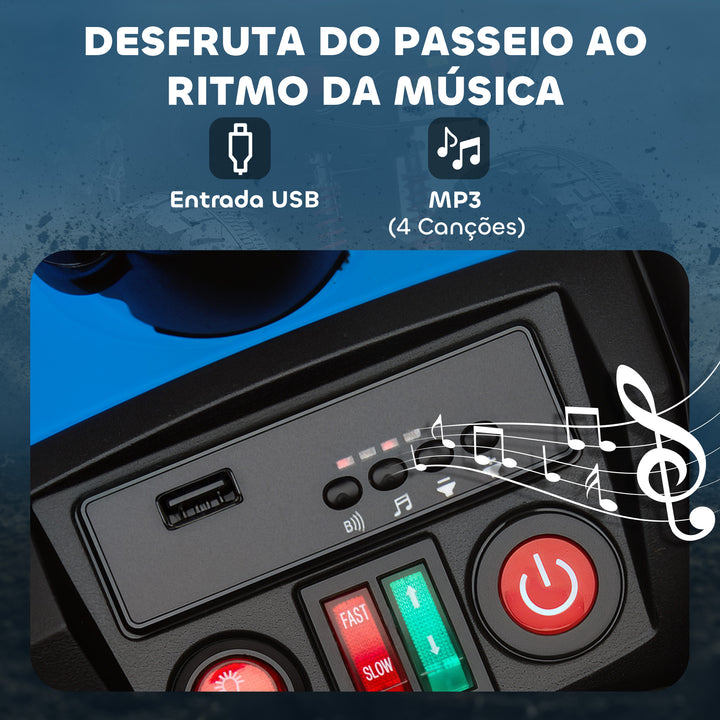 Quadricilo Elétrico para Crianças 24V para 3-8 Anos com 2 Lugares 2 Motores Velocidade até 6,5 km/h Rodas com Suspensão Faróis Buzina Música e USB 109x68,5x76 cm Azul