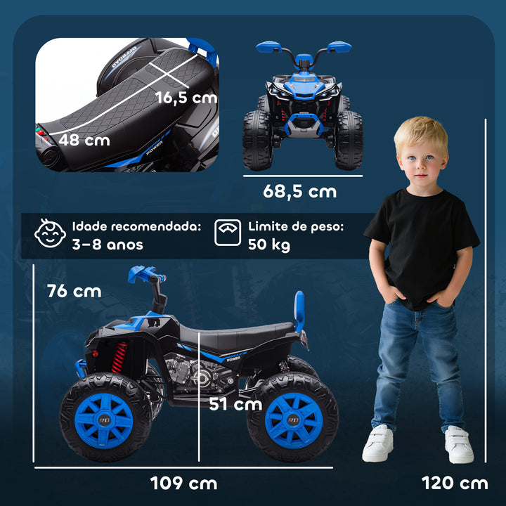 Quadricilo Elétrico para Crianças 24V para 3-8 Anos com 2 Lugares 2 Motores Velocidade até 6,5 km/h Rodas com Suspensão Faróis Buzina Música e USB 109x68,5x76 cm Azul
