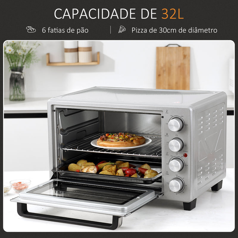 Mini Forno de Convecção 32L 16000 com 3 Modos de Aquecimento Temperatura até 230 °C Temporizador Bandeja de Assar Ajustável em 3 Níveis 52,2x38,1x33,5cm Prata