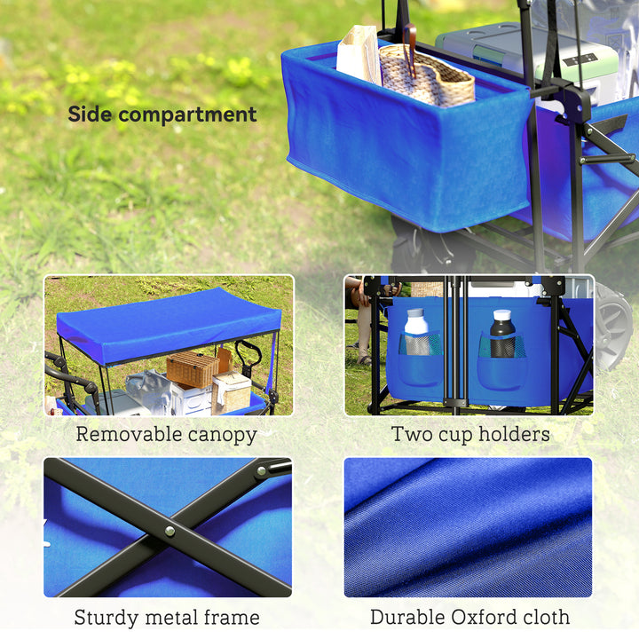 Carrinho de Transporte Dobrável para Praia Campismo Viajem com Toldo Guiador Rodas Altura Ajustável Carga Máxima 68kg 117x55x98 cm Azul