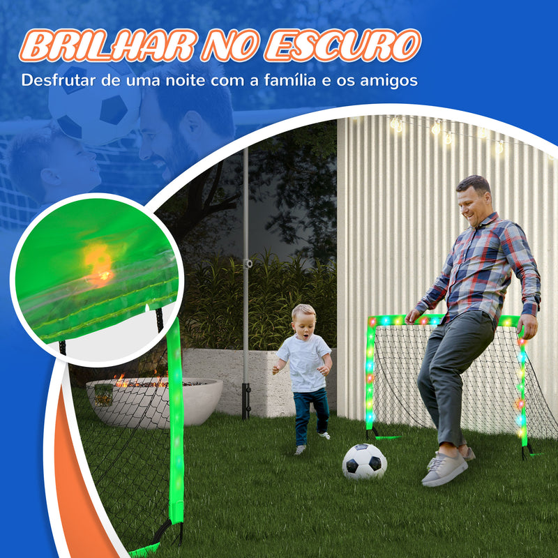 Conjunto de 2 Balizas de Futebol para Crianças Balizas de Futebol Dobráveis com Luz LED Postes de Fibra de Vidro e Bolsa de Transporte para Jardim Parque 120x90x90 cm Verde