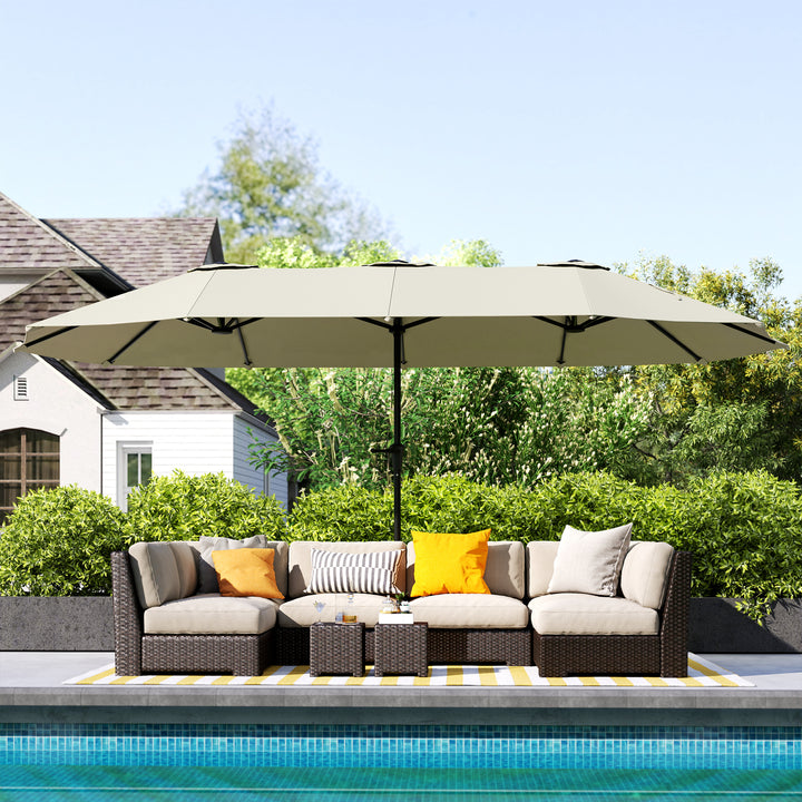 Chapéu de Sol Duplo 4x2,2 m Chapéu de Sol para Jardim com Manivela Manual Impermeável e Proteção UV30+ Chapéu de Sol Grande para Exterior Praia Piscina Creme