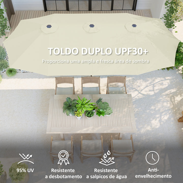 Chapéu de Sol Duplo 4x2,2 m Chapéu de Sol para Jardim com Manivela Manual Impermeável e Proteção UV30+ Chapéu de Sol Grande para Exterior Praia Piscina Creme