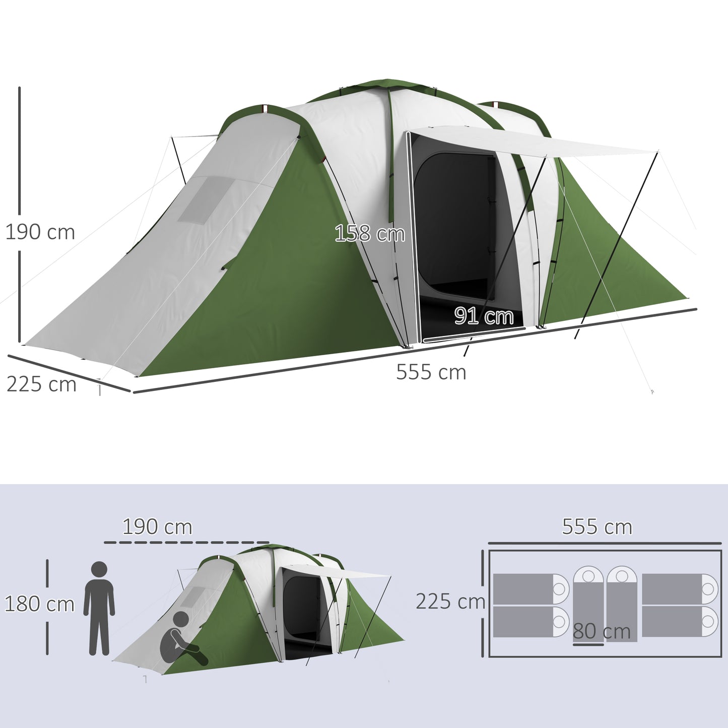 Tenda de Campismo Familiar para 4-6 Pessoas com 2 Dormitórios Tenda de Campismo Grande Impermeável 3000 mm com Bolsa de Transporte 555x225x190 cm Cinza e Verde