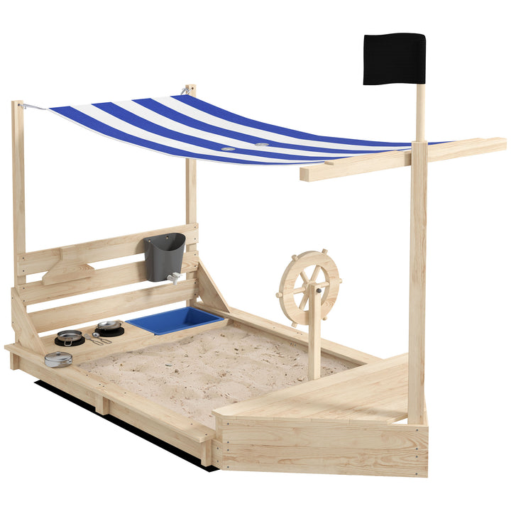Caixa de Areia para Crianças de Madeira Caixa de Areia Infantil com Toldo Volante Brinquedos de Cozinha e Forma de Barco Pirata para Pátio Jardim 180x103x144,5 cm Natural