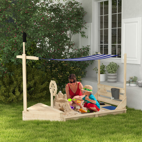 Caixa de Areia para Crianças de Madeira Caixa de Areia Infantil com Toldo Volante Brinquedos de Cozinha e Forma de Barco Pirata para Pátio Jardim 180x103x144,5 cm Natural