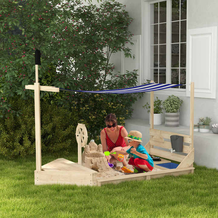 Caixa de Areia para Crianças de Madeira Caixa de Areia Infantil com Toldo Volante Brinquedos de Cozinha e Forma de Barco Pirata para Pátio Jardim 180x103x144,5 cm Natural