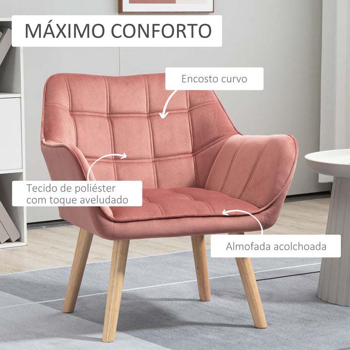Poltrona Moderna Poltrona de Leitura Estofada em Veludo com Assento Amplo Pés em Madeira Poltrona Relax para Sala de Estar Quarto 67x61,5x71 cm Rosa