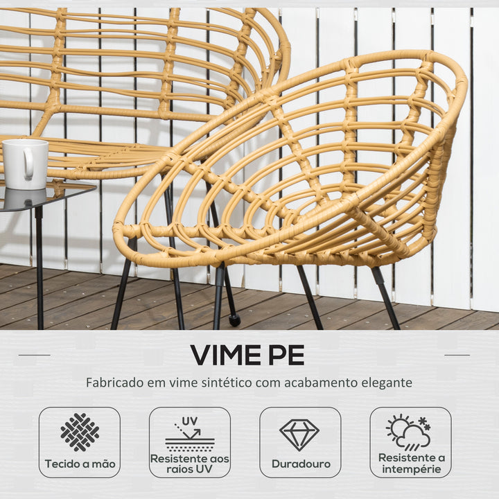 Conjunto de Móveis de Jardim em Vime Sintético de 4 Peças Móveis de Exterior com 1 Sofá Duplo 2 Poltronas e Mesa de Vidro com Almofadas Madeira e Preto