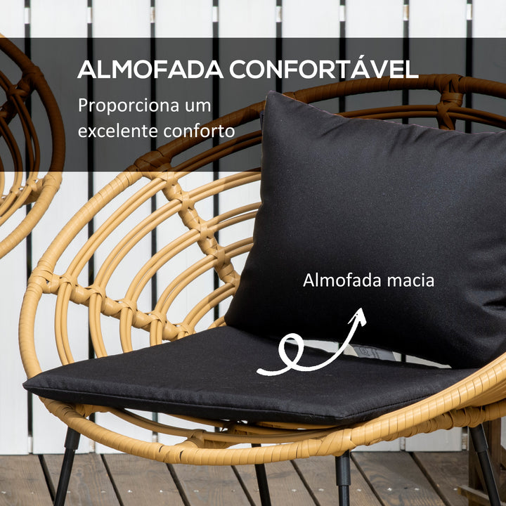 Conjunto de Móveis de Jardim em Vime Sintético de 4 Peças Móveis de Exterior com 1 Sofá Duplo 2 Poltronas e Mesa de Vidro com Almofadas Madeira e Preto