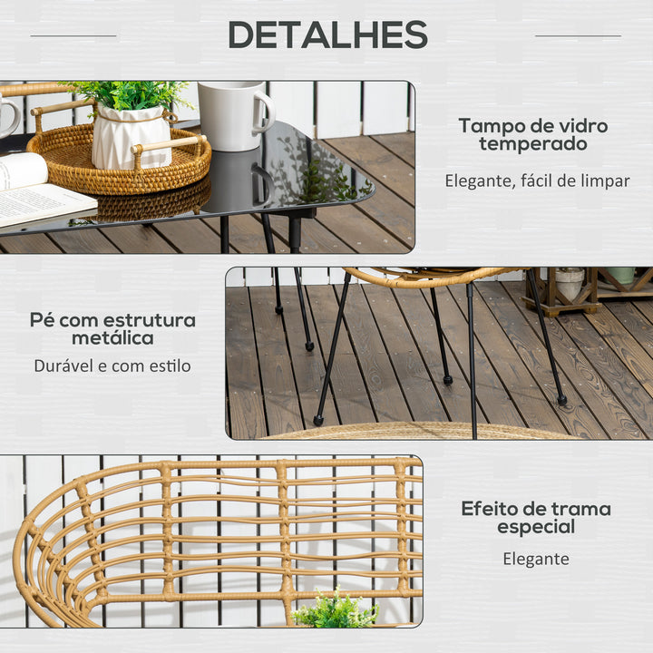 Conjunto de Móveis de Jardim em Vime Sintético de 4 Peças Móveis de Exterior com 1 Sofá Duplo 2 Poltronas e Mesa de Vidro com Almofadas Madeira e Preto