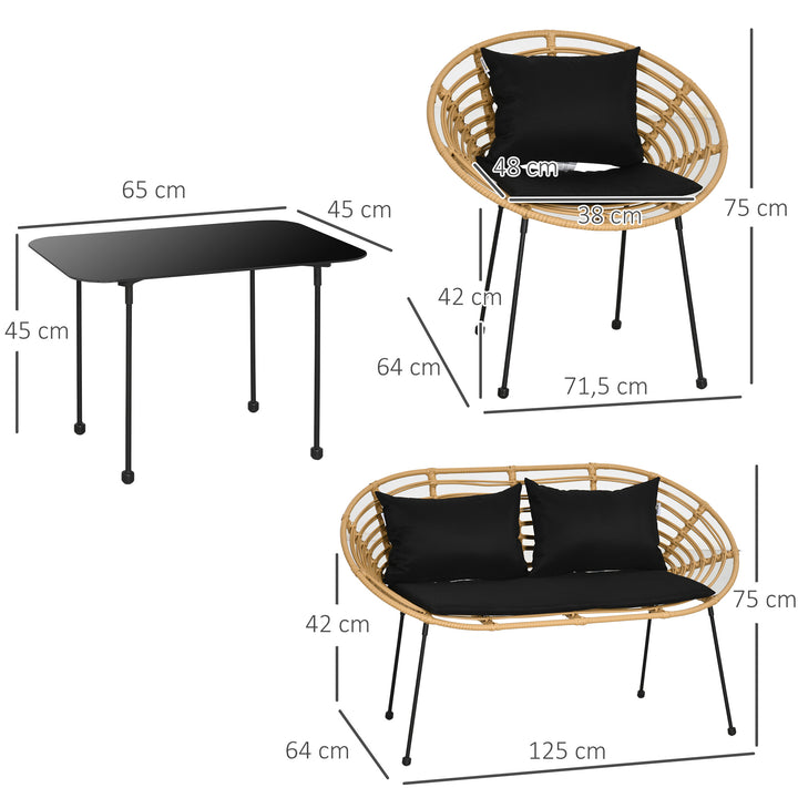 Conjunto de Móveis de Jardim em Vime Sintético de 4 Peças Móveis de Exterior com 1 Sofá Duplo 2 Poltronas e Mesa de Vidro com Almofadas Madeira e Preto