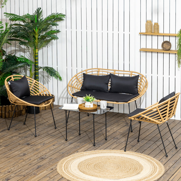 Conjunto de Móveis de Jardim em Vime Sintético de 4 Peças Móveis de Exterior com 1 Sofá Duplo 2 Poltronas e Mesa de Vidro com Almofadas Madeira e Preto