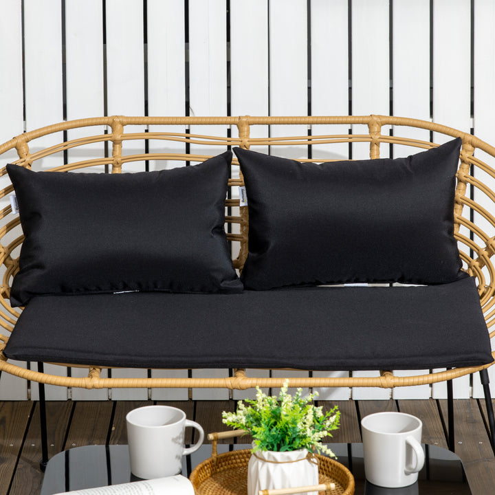 Conjunto de Móveis de Jardim em Vime Sintético de 4 Peças Móveis de Exterior com 1 Sofá Duplo 2 Poltronas e Mesa de Vidro com Almofadas Madeira e Preto