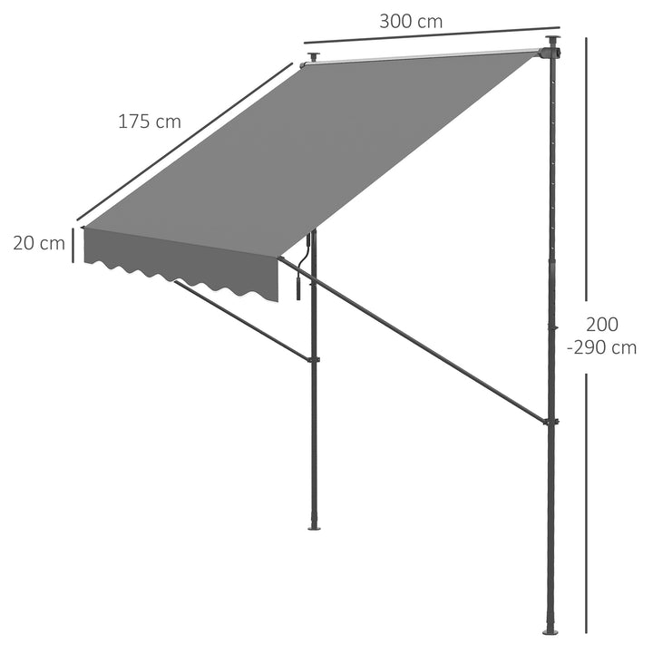Toldo Manual Retrátil 300x170x200-290cm Toldo Ajustável com Manivela Proteção Solar UV40+ para Varanda Jardim Cinza