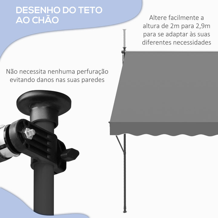 Toldo Manual Retrátil 300x170x200-290cm Toldo Ajustável com Manivela Proteção Solar UV40+ para Varanda Jardim Cinza