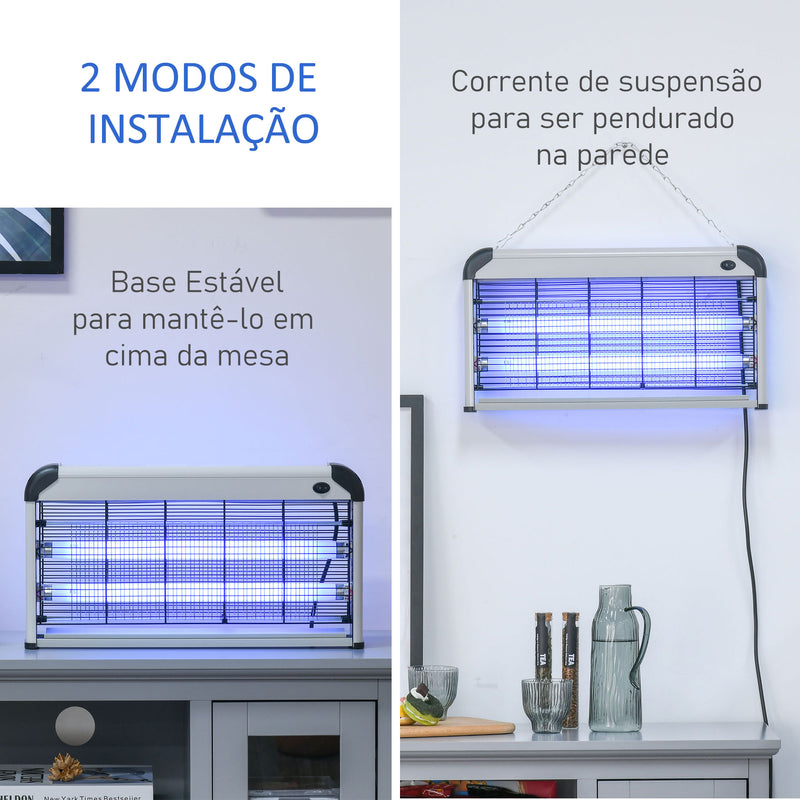 Lâmpada Anti-Mosquitos Elétrica 30W Mata Mosquitos Elétrico com Luz UV Efeito 60 m² para Jardim Terraço Pátio 48,5x8,5x26,5 cm Prata