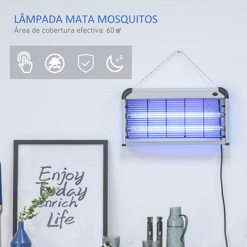 Lâmpada Anti-Mosquitos Elétrica 30W Mata Mosquitos Elétrico com Luz UV Efeito 60 m² para Jardim Terraço Pátio 48,5x8,5x26,5 cm Prata