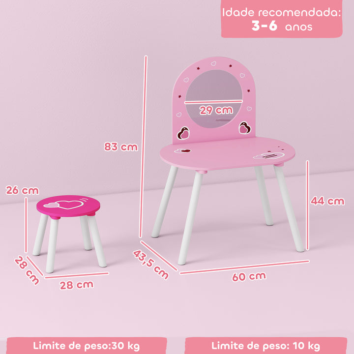 Toucador Infantil com Banco e Espelho Toucador para Meninas com Desenhos de Corações Mesa de Maquilhagem para Crianças de 3-6 Anos 60x43,5x83 cm Rosa