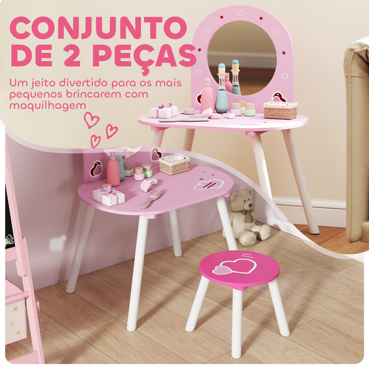 Toucador Infantil com Banco e Espelho Toucador para Meninas com Desenhos de Corações Mesa de Maquilhagem para Crianças de 3-6 Anos 60x43,5x83 cm Rosa