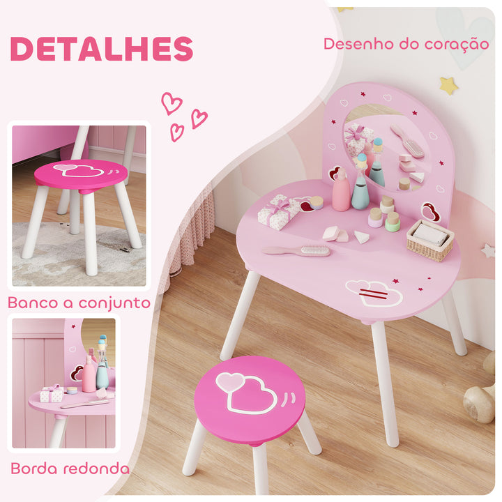 Toucador Infantil com Banco e Espelho Toucador para Meninas com Desenhos de Corações Mesa de Maquilhagem para Crianças de 3-6 Anos 60x43,5x83 cm Rosa