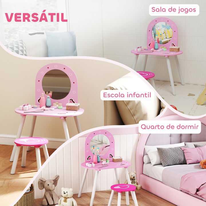 Toucador Infantil com Banco e Espelho Toucador para Meninas com Desenhos de Corações Mesa de Maquilhagem para Crianças de 3-6 Anos 60x43,5x83 cm Rosa
