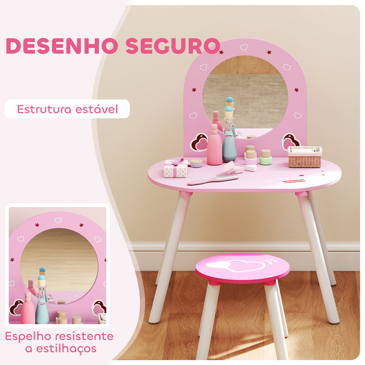Toucador Infantil com Banco e Espelho Toucador para Meninas com Desenhos de Corações Mesa de Maquilhagem para Crianças de 3-6 Anos 60x43,5x83 cm Rosa