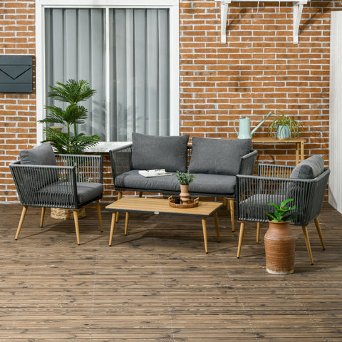 Conjunto de Móveis de Jardim de Vime 4 Peças Conjunto de Jardim com Sofá de 2 Lugares 2 Poltronas e Mesa de Centro com Bancada de Madeira e Plástico para Varanda Pátio Cinza