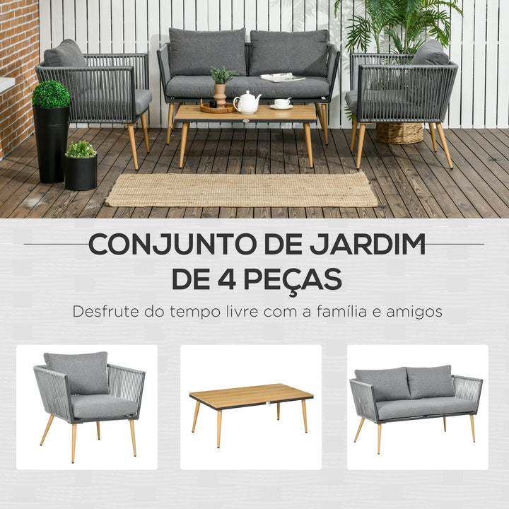 Conjunto de Móveis de Jardim de Vime 4 Peças Conjunto de Jardim com Sofá de 2 Lugares 2 Poltronas e Mesa de Centro com Bancada de Madeira e Plástico para Varanda Pátio Cinza