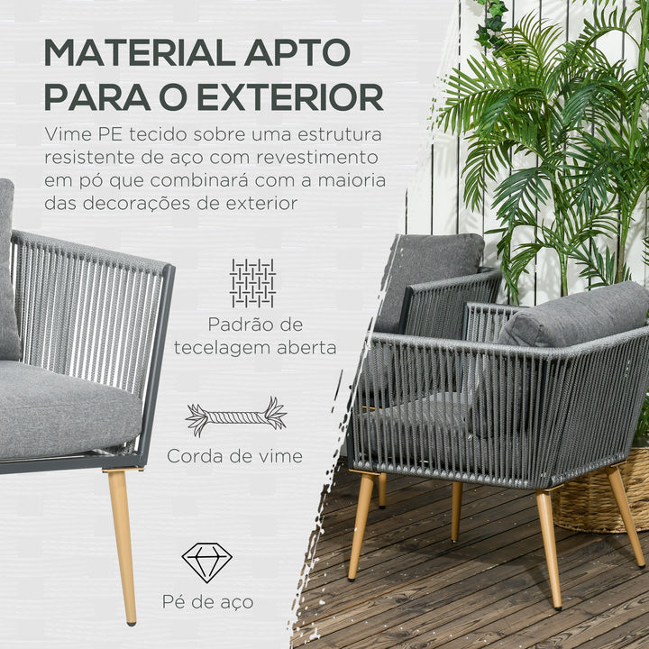 Conjunto de Móveis de Jardim de Vime 4 Peças Conjunto de Jardim com Sofá de 2 Lugares 2 Poltronas e Mesa de Centro com Bancada de Madeira e Plástico para Varanda Pátio Cinza