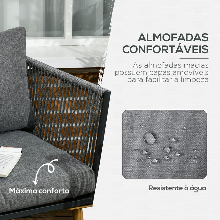 Conjunto de Móveis de Jardim de Vime 4 Peças Conjunto de Jardim com Sofá de 2 Lugares 2 Poltronas e Mesa de Centro com Bancada de Madeira e Plástico para Varanda Pátio Cinza