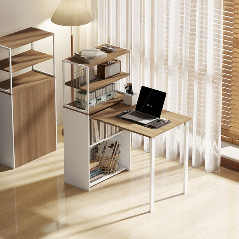 Secretária Dobrável com Estante Mesa de Secretária com 4 Prateleiras Mesa de Computador para Espaços Pequenos Estúdio, Escritório em Casa 105x60x127 cm Madeira