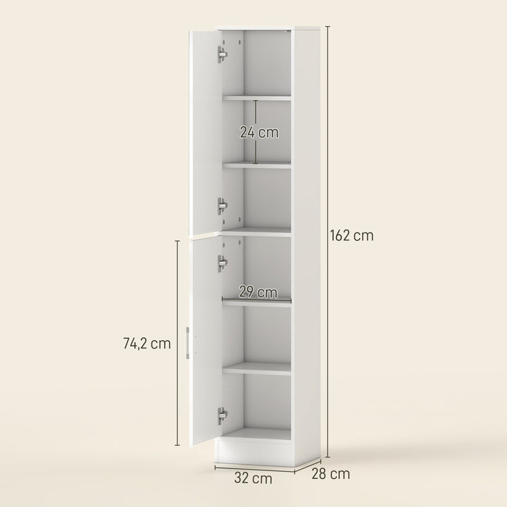 Coluna Casa de Banho com Espelho Móvel Alto Casa de Banho com 2 Portas e Prateleiras Interiores Ajustáveis Multiúso para Cozinha Sala de Estar 32x28x162cm Branco