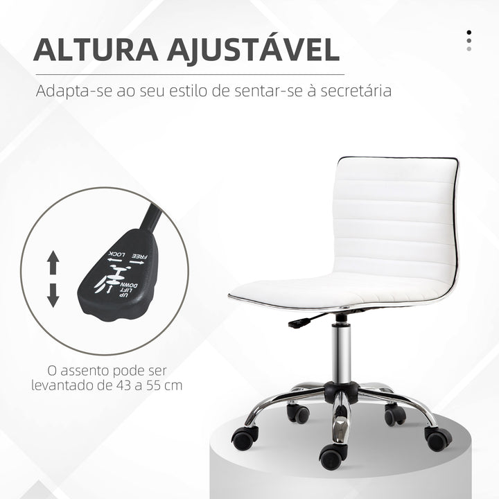 Cadeira de Escritório sem Apoio para os Braços Cadeira de Escritório Giratória com Altura Ajustável Cadeira para Estudo Estofada em PU Carga 120 kg 48x52x78-90 cm Branco