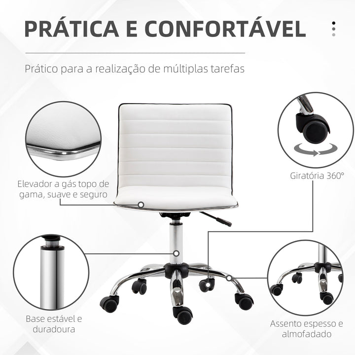 Cadeira de Escritório sem Apoio para os Braços Cadeira de Escritório Giratória com Altura Ajustável Cadeira para Estudo Estofada em PU Carga 120 kg 48x52x78-90 cm Branco