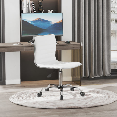 Cadeira de Escritório sem Apoio para os Braços Cadeira de Escritório Giratória com Altura Ajustável Cadeira para Estudo Estofada em PU Carga 120 kg 48x52x78-90 cm Branco