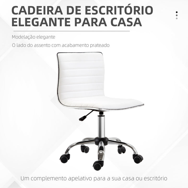 Cadeira de Escritório sem Apoio para os Braços Cadeira de Escritório Giratória com Altura Ajustável Cadeira para Estudo Estofada em PU Carga 120 kg 48x52x78-90 cm Branco