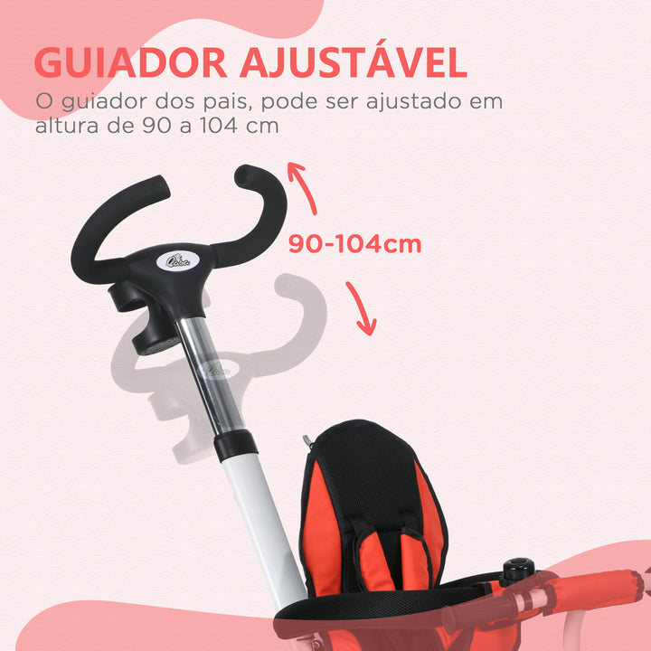 Triciclo para Bebés Dobrável Triciclo Evolutivo 2 em 1 para Crianças de 12-60 Meses com Capota Dobrável Guiador Telescópico Apoio para os Pés Cinto de Segurança e Cesto 112x50x104 cm Vermelho
