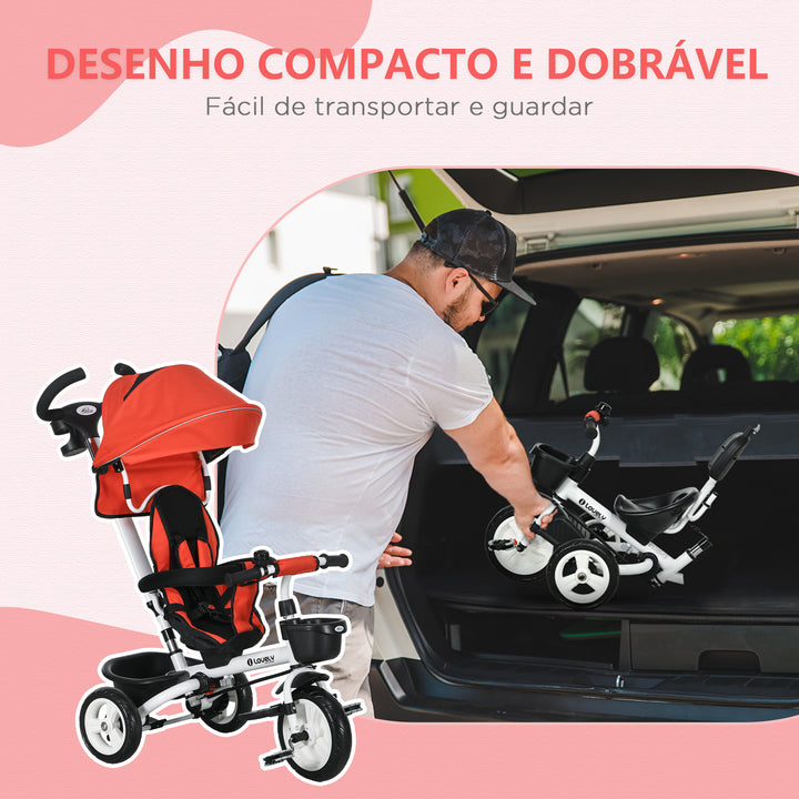 Triciclo para Bebés Dobrável Triciclo Evolutivo 2 em 1 para Crianças de 12-60 Meses com Capota Dobrável Guiador Telescópico Apoio para os Pés Cinto de Segurança e Cesto 112x50x104 cm Vermelho